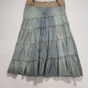 Vintage Venezia Women's Size 18 Blue Denim Prairie Tiered Midi Skirt Whimsy